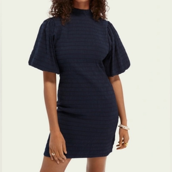 Scotch & Soda Dresses & Skirts - NWT Scotch & Soda Navy Mock Neck Smocked Puff Sleeve Mini Dress XS